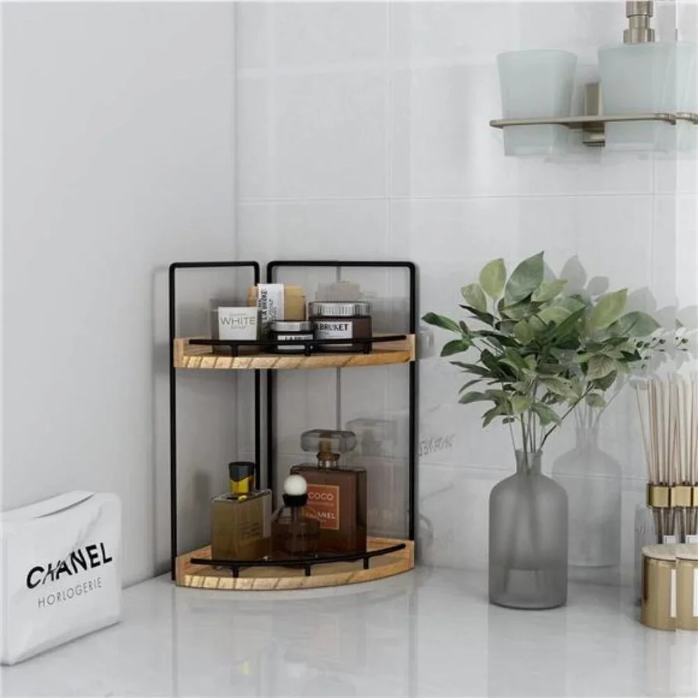 2-Tier Bathroom Counter Organizer,Vanity Counter Corner Shelf, Skincare, Wood